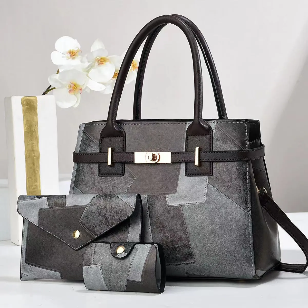 Women's large capacity PU crossbody shoulder bag horizontal shape with stitching and patchwork in Style 1 colour