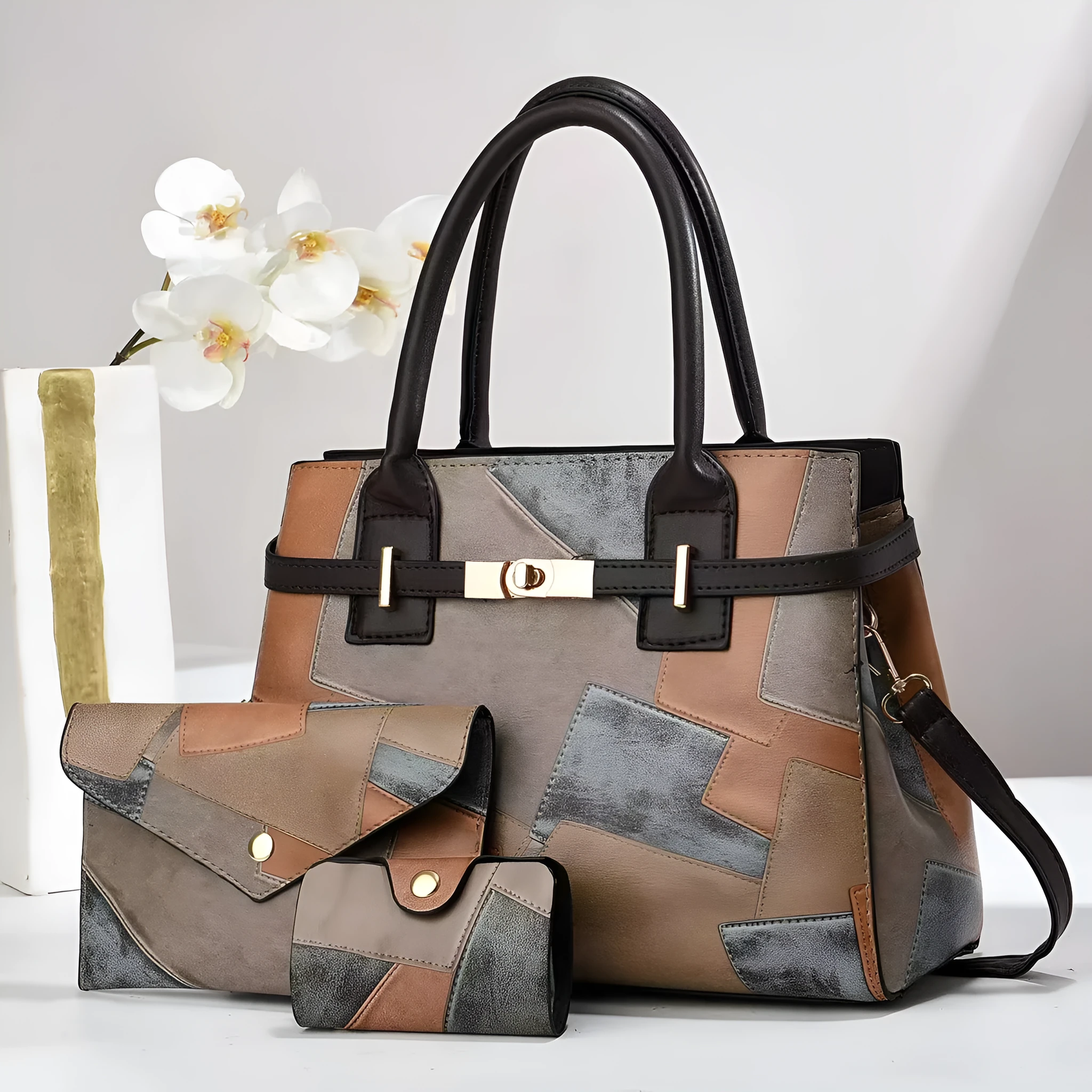 Women's large capacity PU crossbody shoulder bag horizontal shape with stitching and patchwork in Style 1 colour