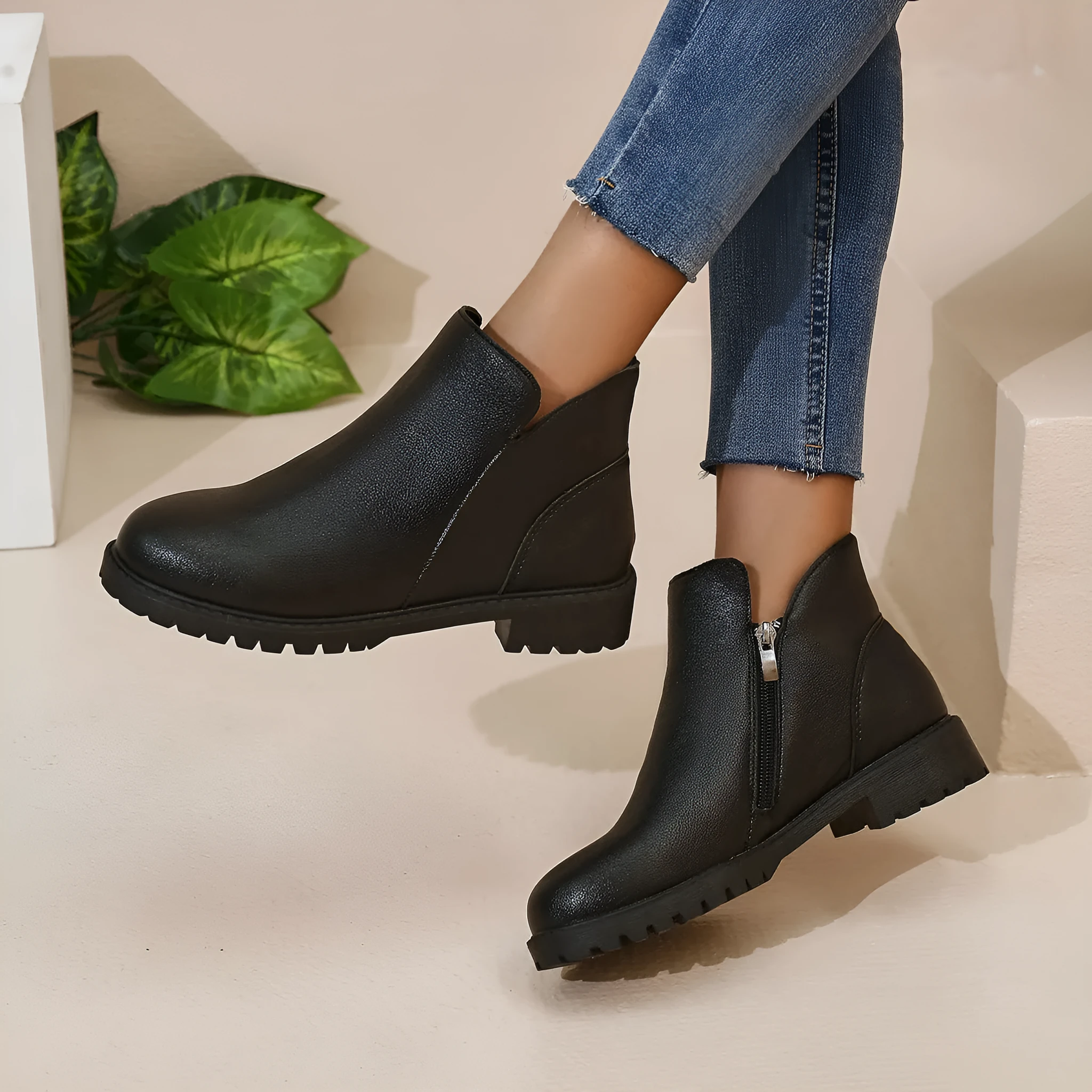 Women's casual low-cut ankle boots in dark brown with chunky heel, side zipper, and stitching on synthetic PU upper