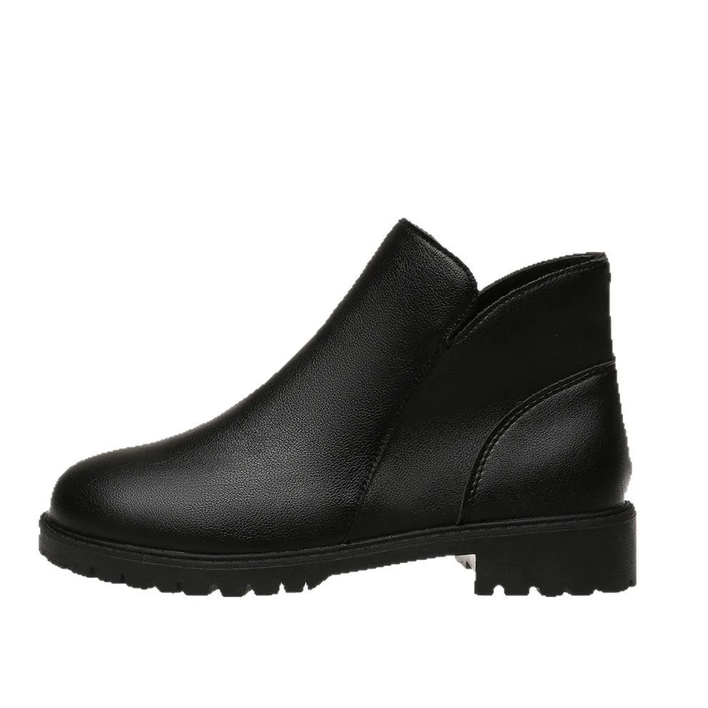 Women's casual low-cut ankle boots in dark brown with chunky heel, side zipper, and stitching on synthetic PU upper