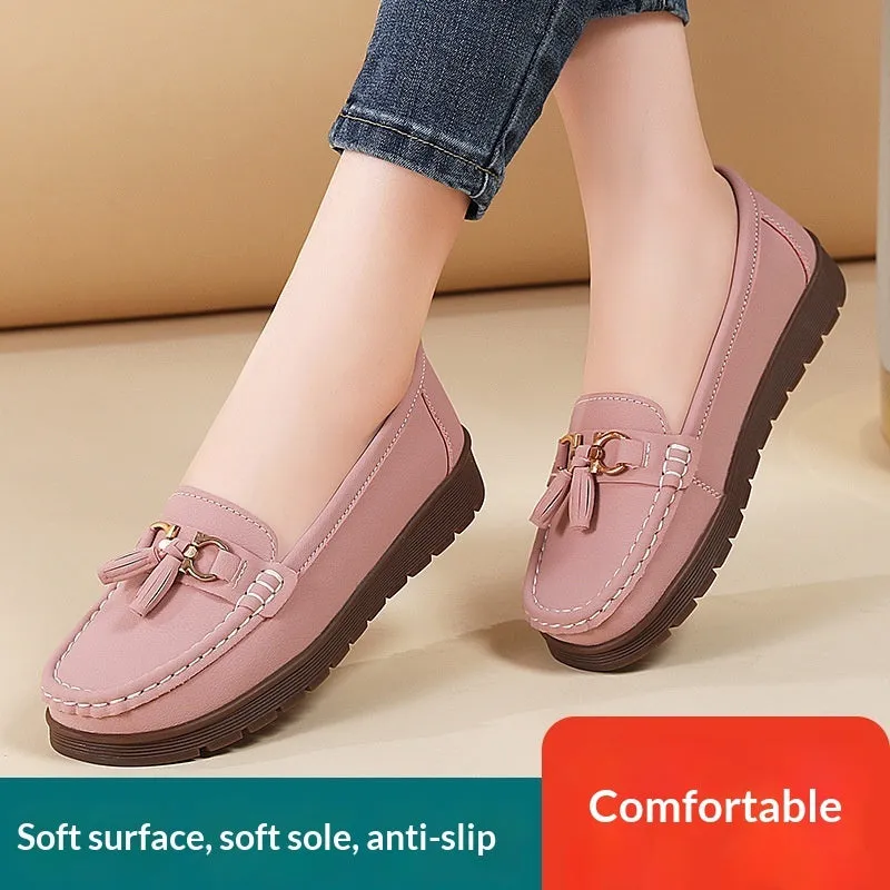 Women's plus size flat moccasins loafers with tassels, round toe, low wedge heel, solid colour suede upper, slip-on style in beige, gray, and pink