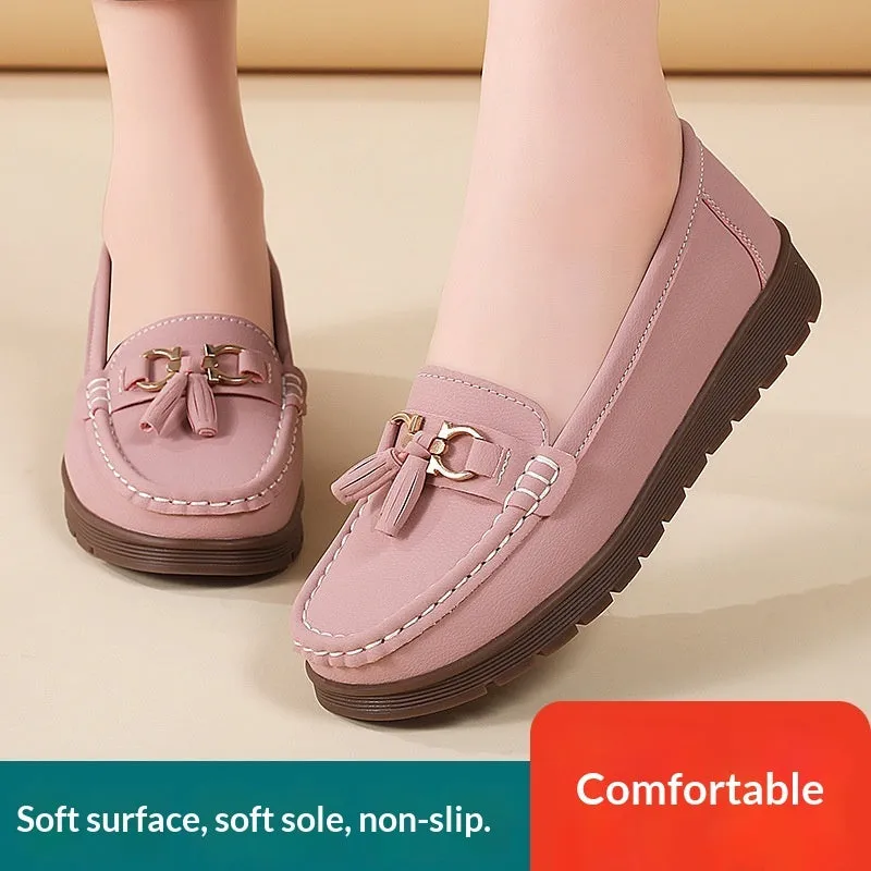 Women's plus size flat moccasins loafers with tassels, round toe, low wedge heel, solid colour suede upper, slip-on style in beige, gray, and pink