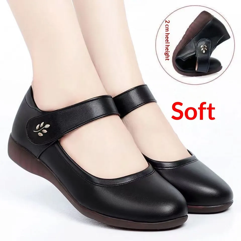 Women's softsoled peeptoe leather shoes with single strap, wedge heel, round toe, black and off-white options