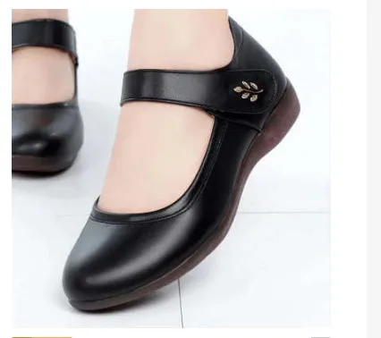 Women's softsoled peeptoe leather shoes with single strap, wedge heel, round toe, black and off-white options