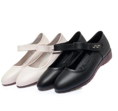 Women's softsoled peeptoe leather shoes with single strap, wedge heel, round toe, black and off-white options