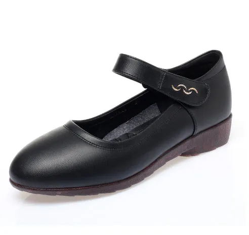 Women's softsoled peeptoe leather shoes with single strap, wedge heel, round toe, black and off-white options
