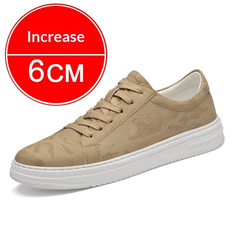 Men's white casual height increasing sneakers with hidden platform sole, low-top design, and lace-up closure