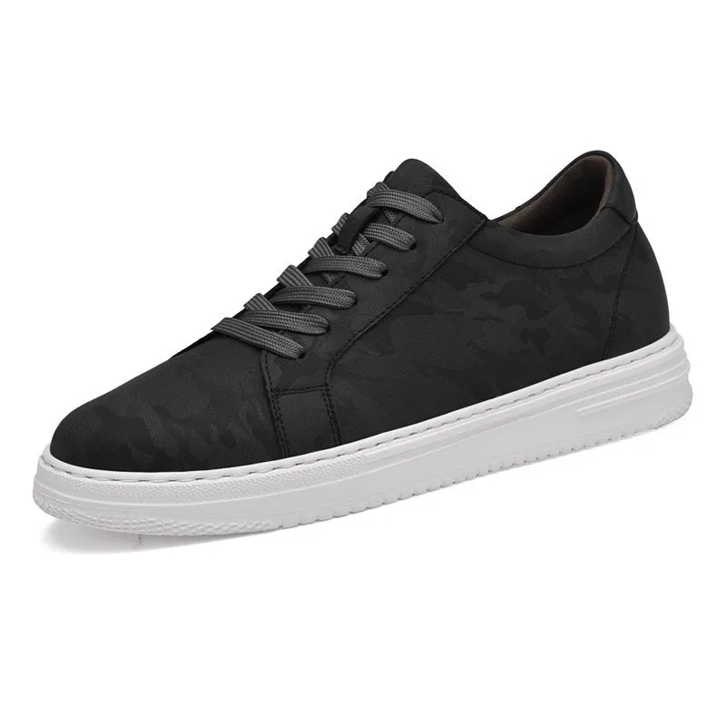 Men's white casual height increasing sneakers with hidden platform sole, low-top design, and lace-up closure