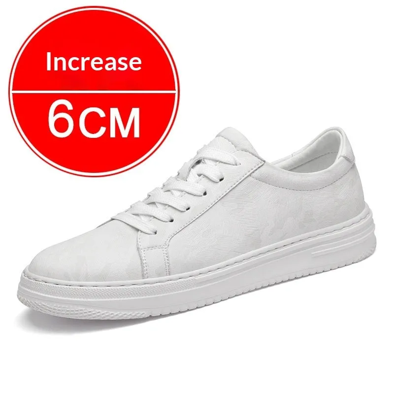 Men's white casual height increasing sneakers with hidden platform sole, low-top design, and lace-up closure