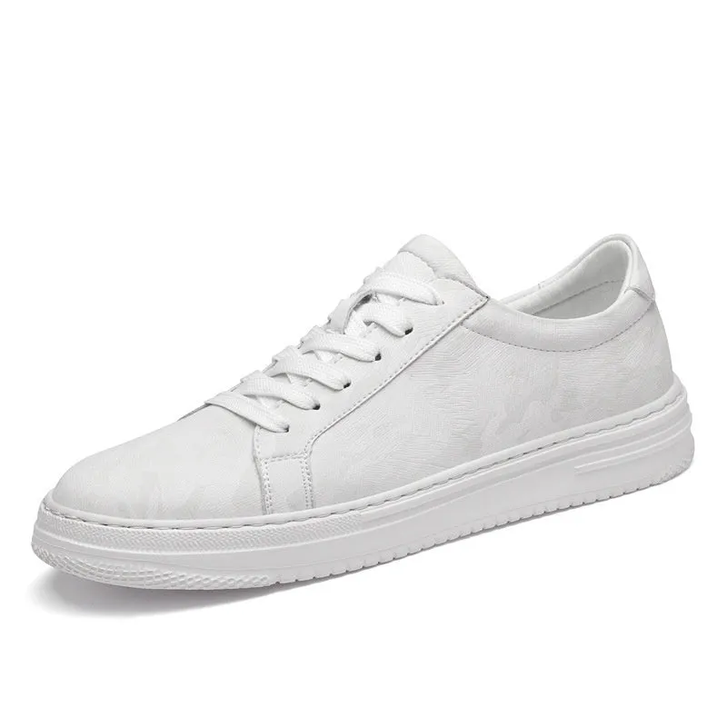 Men's white casual height increasing sneakers with hidden platform sole, low-top design, and lace-up closure