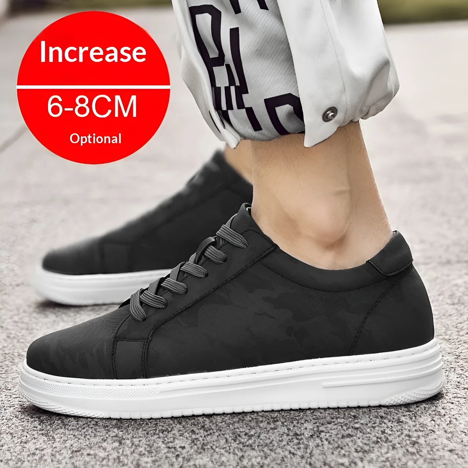 Men's white casual height increasing sneakers with hidden platform sole, low-top design, and lace-up closure