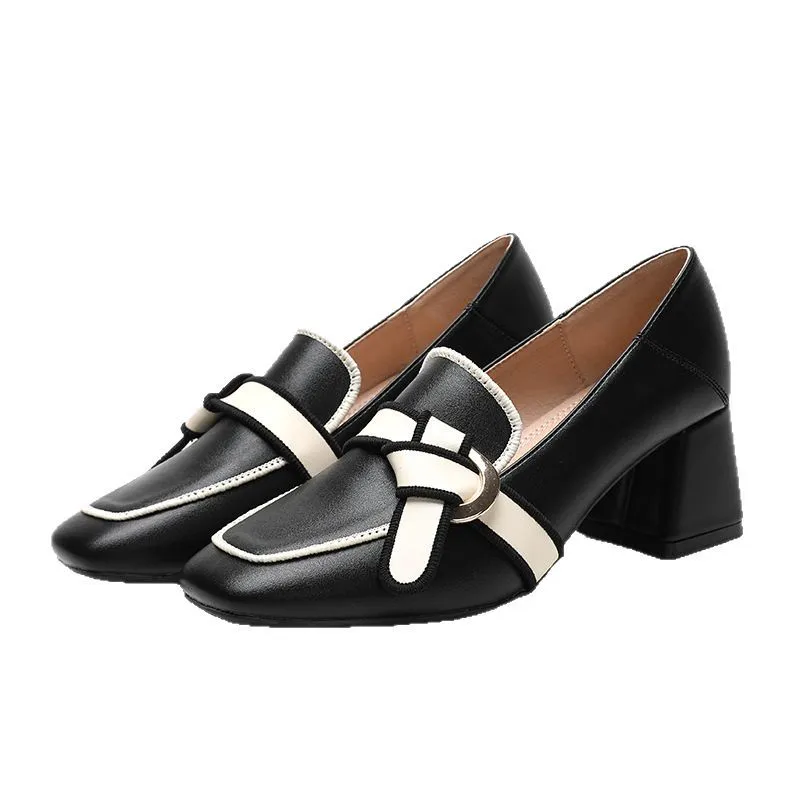 Women's slip-on loafers in apricot with smooth synthetic PU upper, bow design, square toe, and mid heel