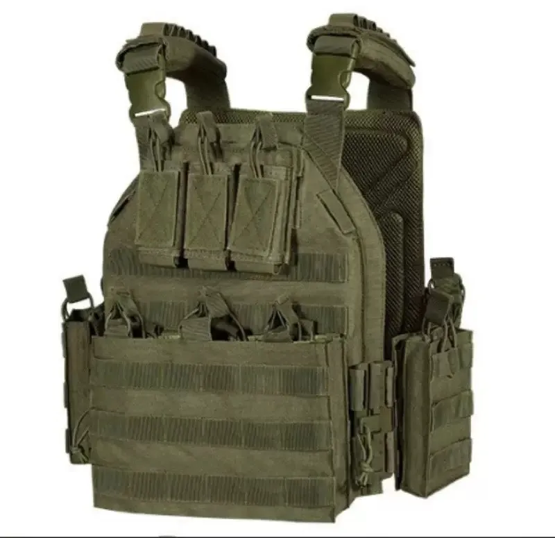 Solid colour Oxford cloth tactical vest in army green shown front view for outdoor use