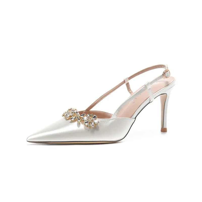 French style evening dress high heels rhinestone closed toe satin sandals stiletto heels for women