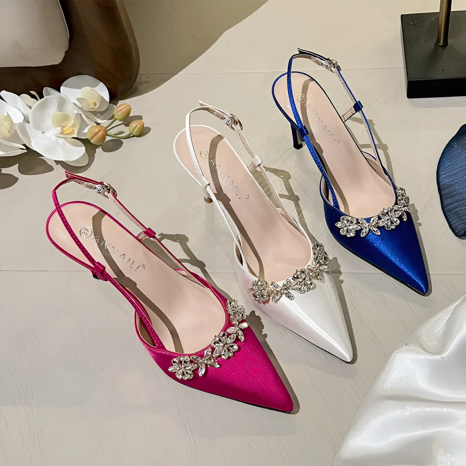 French style evening dress high heels rhinestone closed toe satin sandals stiletto heels for women