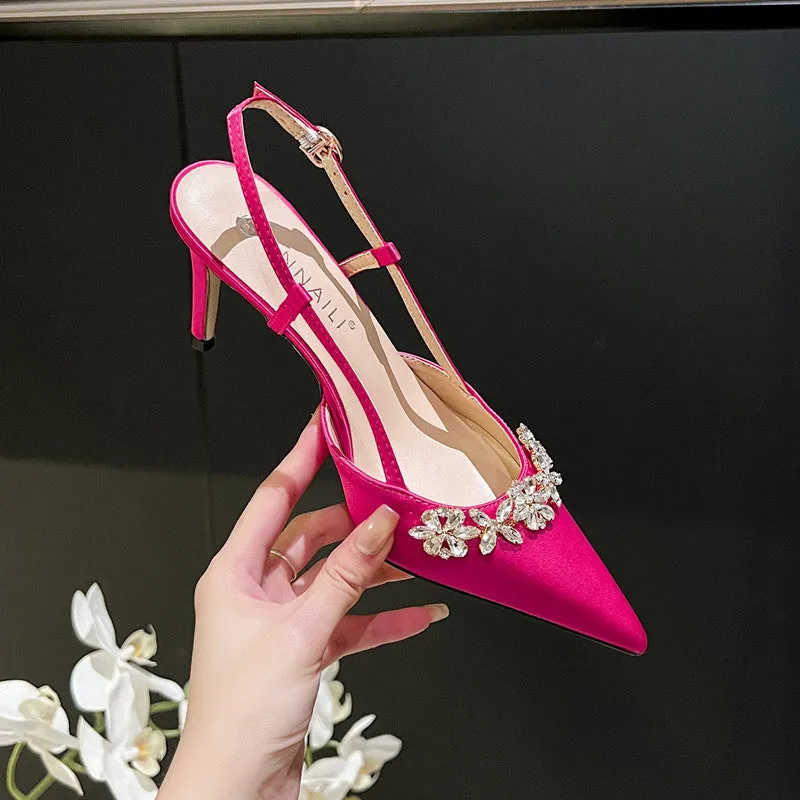 French style evening dress high heels rhinestone closed toe satin sandals stiletto heels for women