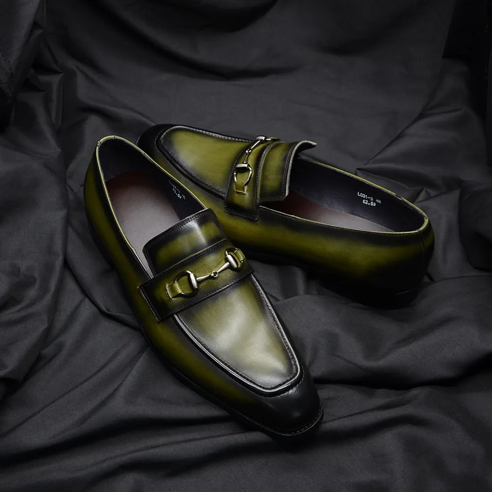 Men's cowhide leather shoes with pointed toe, horseshoe heel, plaid print in black and green options