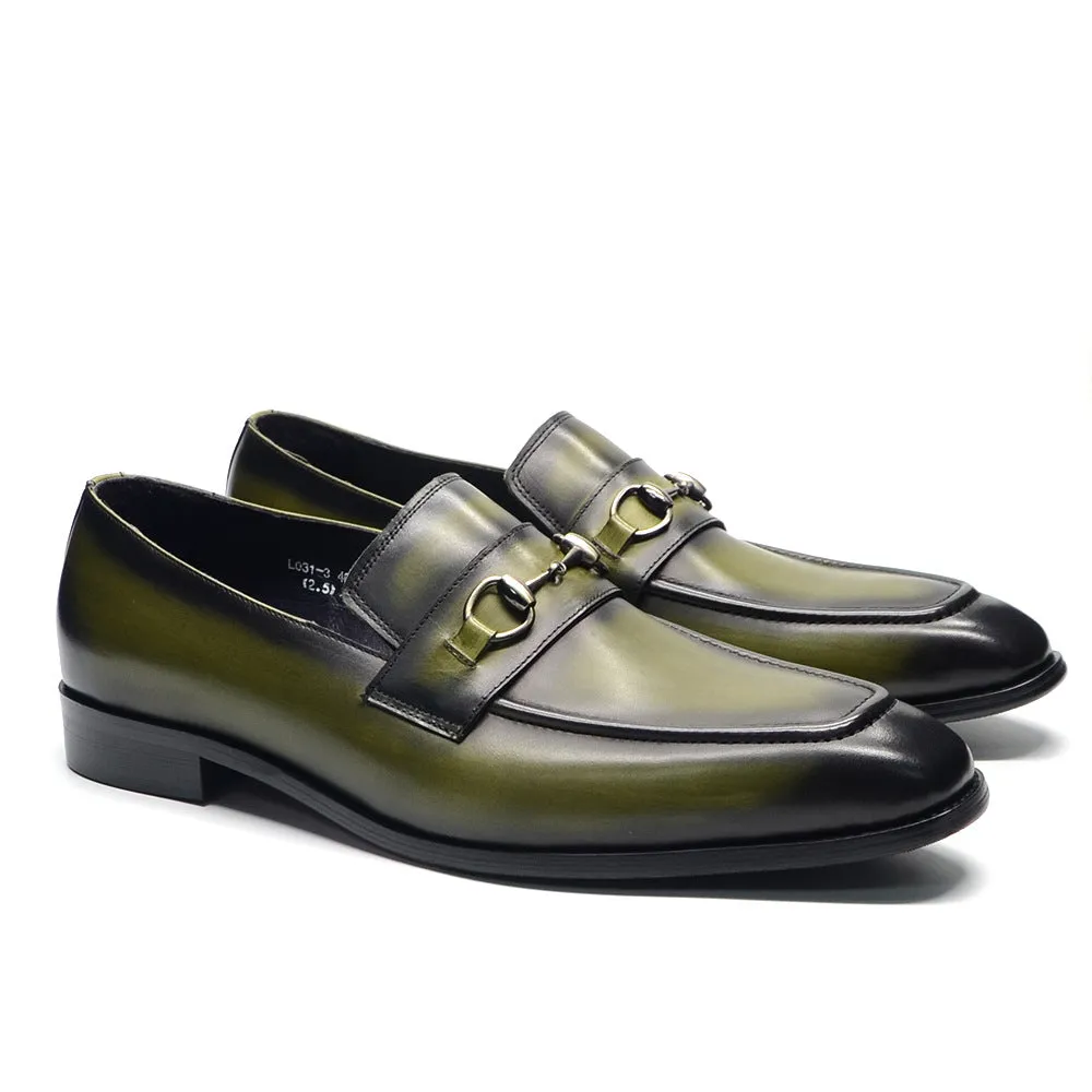 Men's cowhide leather shoes with pointed toe, horseshoe heel, plaid print in black and green options