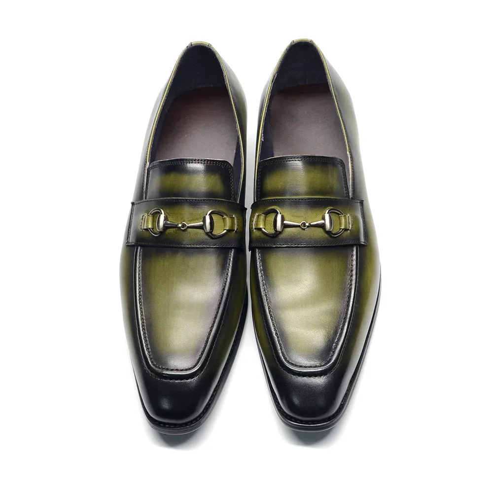 Men's cowhide leather shoes with pointed toe, horseshoe heel, plaid print in black and green options