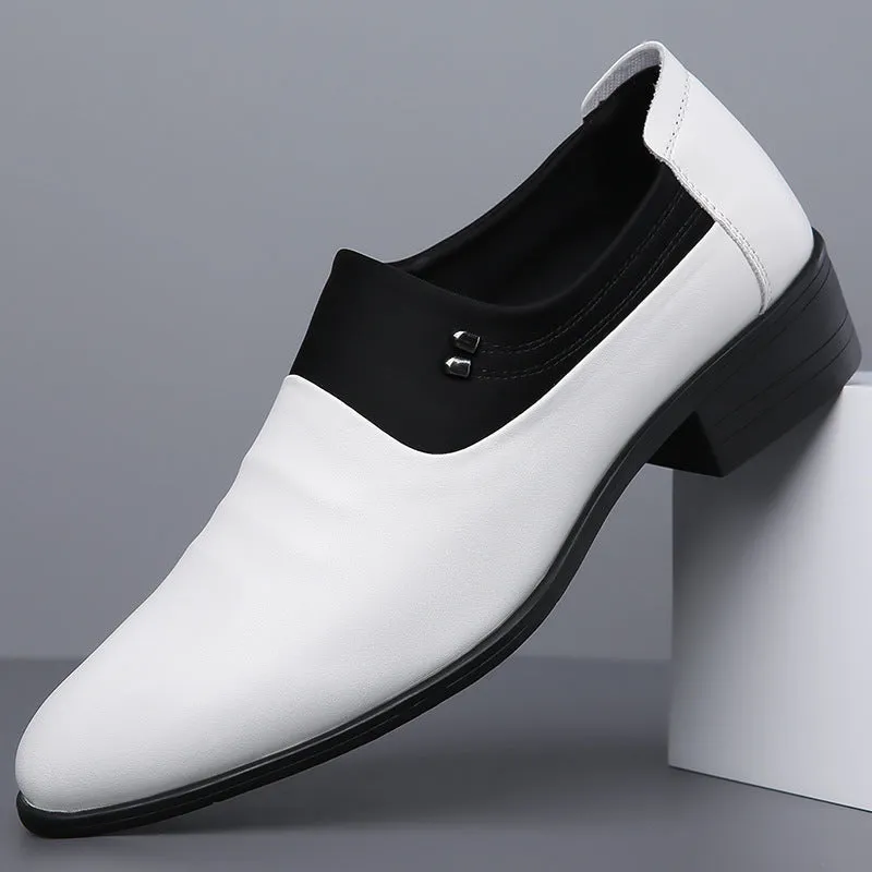 Men's business leather pointed toe pumps in white with low-top PU upper and rubber sole