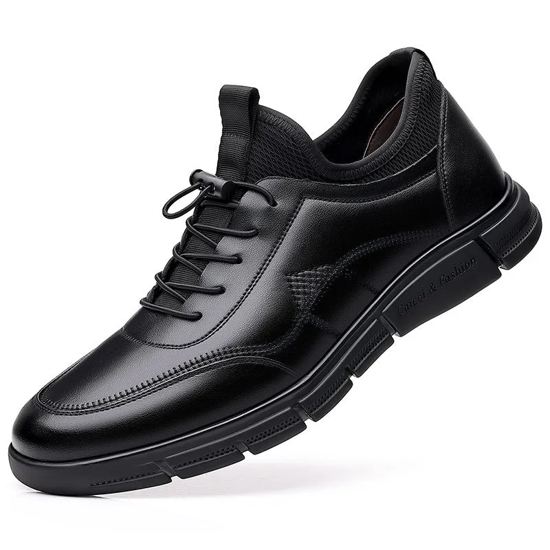 Black men's casual leather shoes with round toe, square heel, and leather stitching detail.