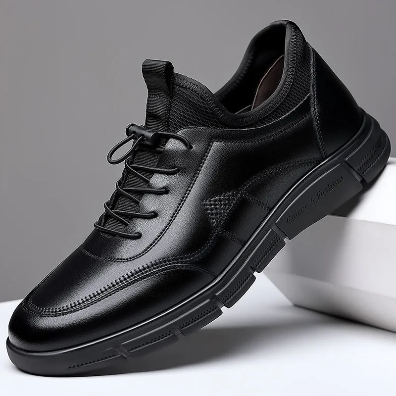 Black men's casual leather shoes with round toe, square heel, and leather stitching detail.