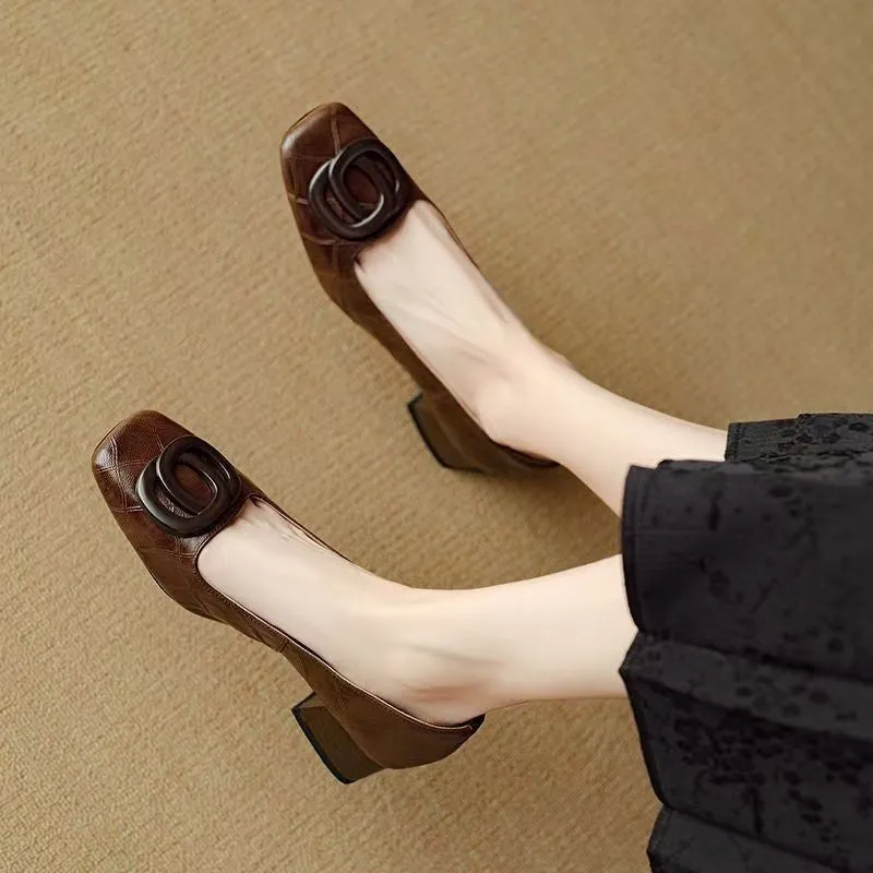 Women's sheepskin chunky heel pumps in black, square toe, low top, with buckle detail