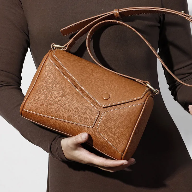 Genuine leather women's crossbody bag in brown, first layer cowhide, soft square shape with zipper changing bag