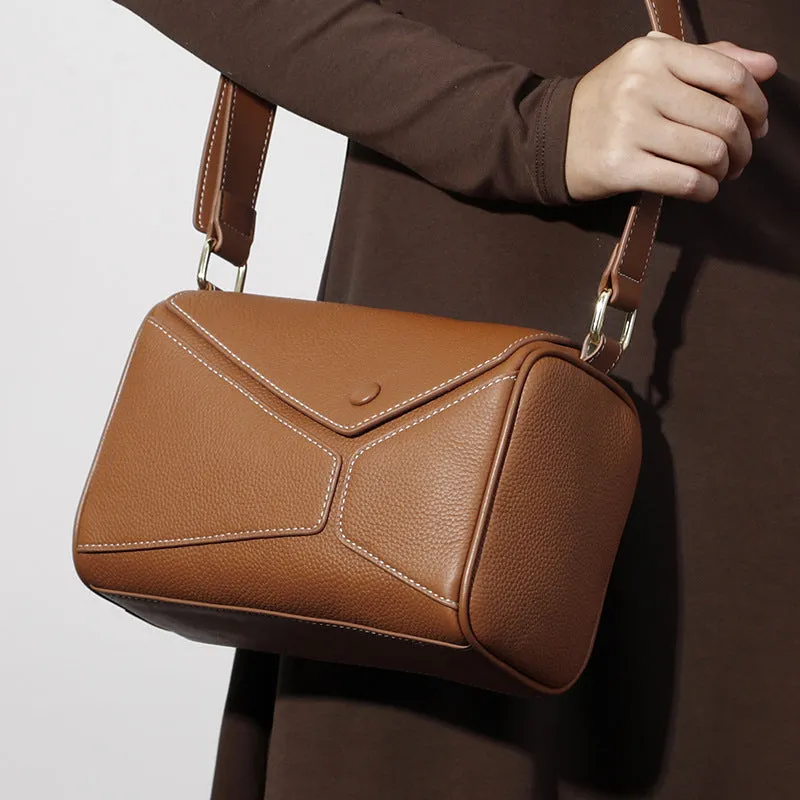Genuine leather women's crossbody bag in brown, first layer cowhide, soft square shape with zipper changing bag