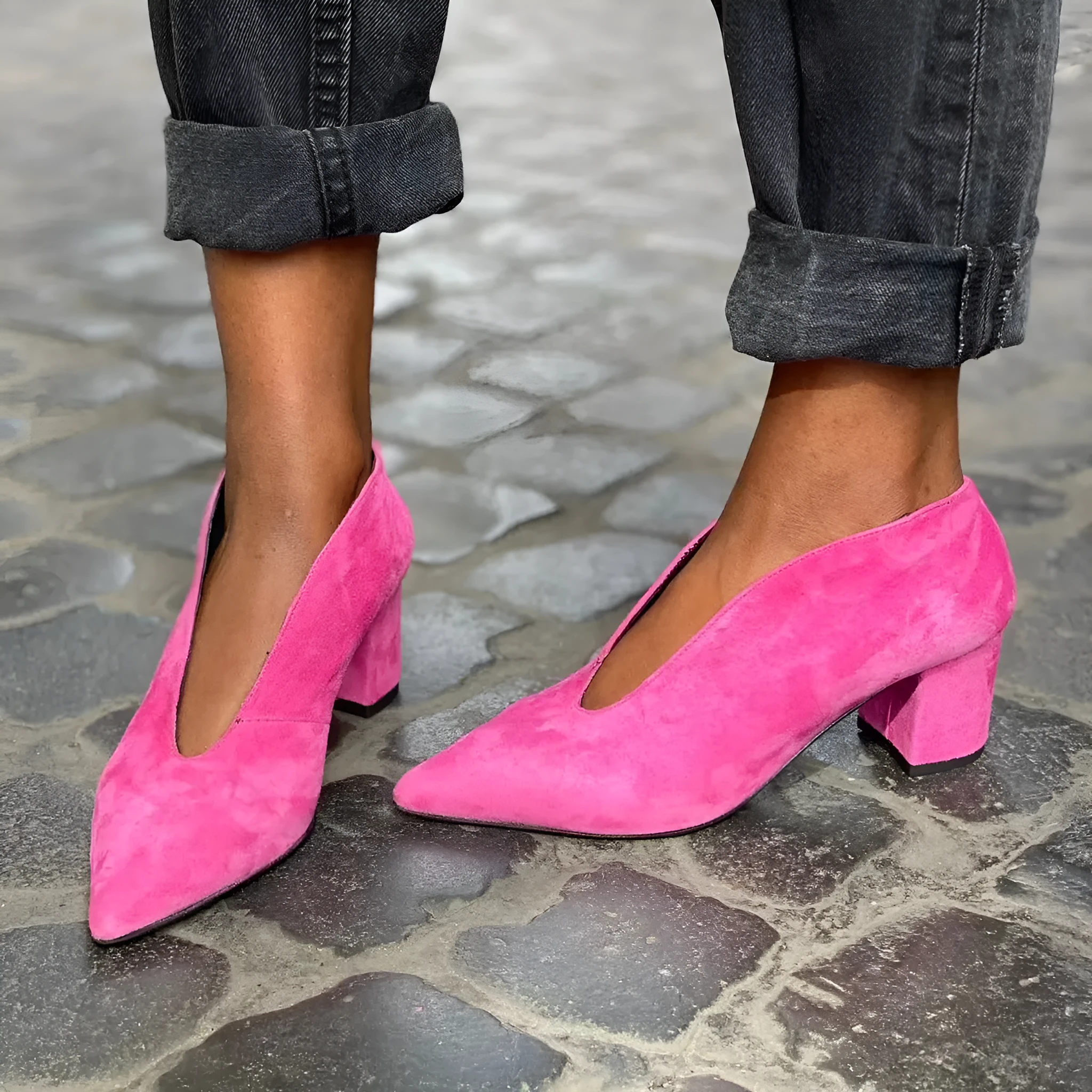 Women's fashion suede pointed-toe slip-on stiletto heel shoes in pink with rubber sole and shallow mouth design