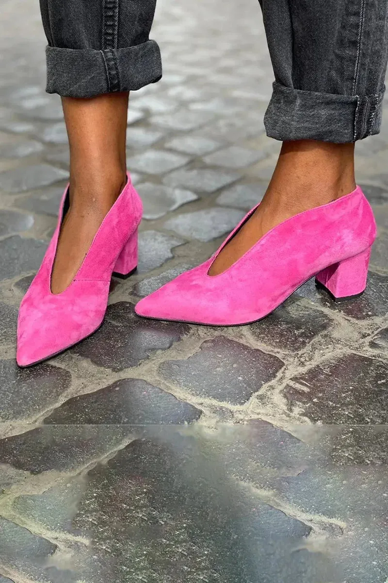 Women's fashion suede pointed-toe slip-on stiletto heel shoes in pink with rubber sole and shallow mouth design