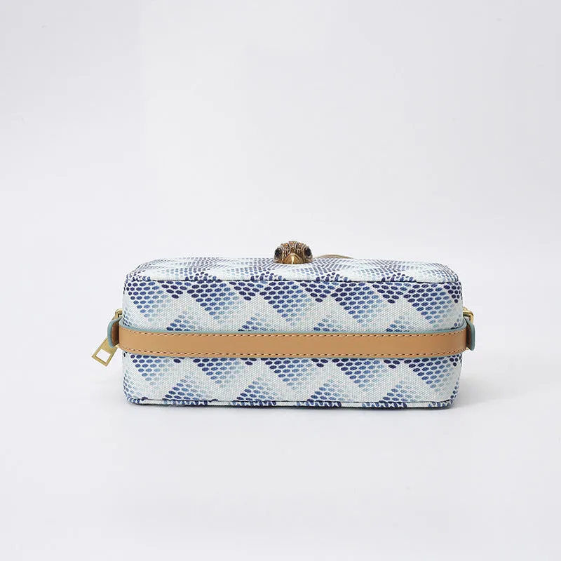 Soft PU camera bag with eagle head wide shoulder strap in blue, outer sandwich pocket, horizontal square shape