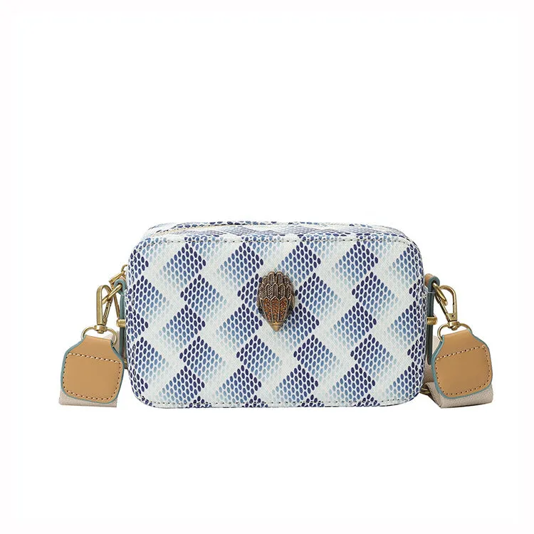 Soft PU camera bag with eagle head wide shoulder strap in blue, outer sandwich pocket, horizontal square shape