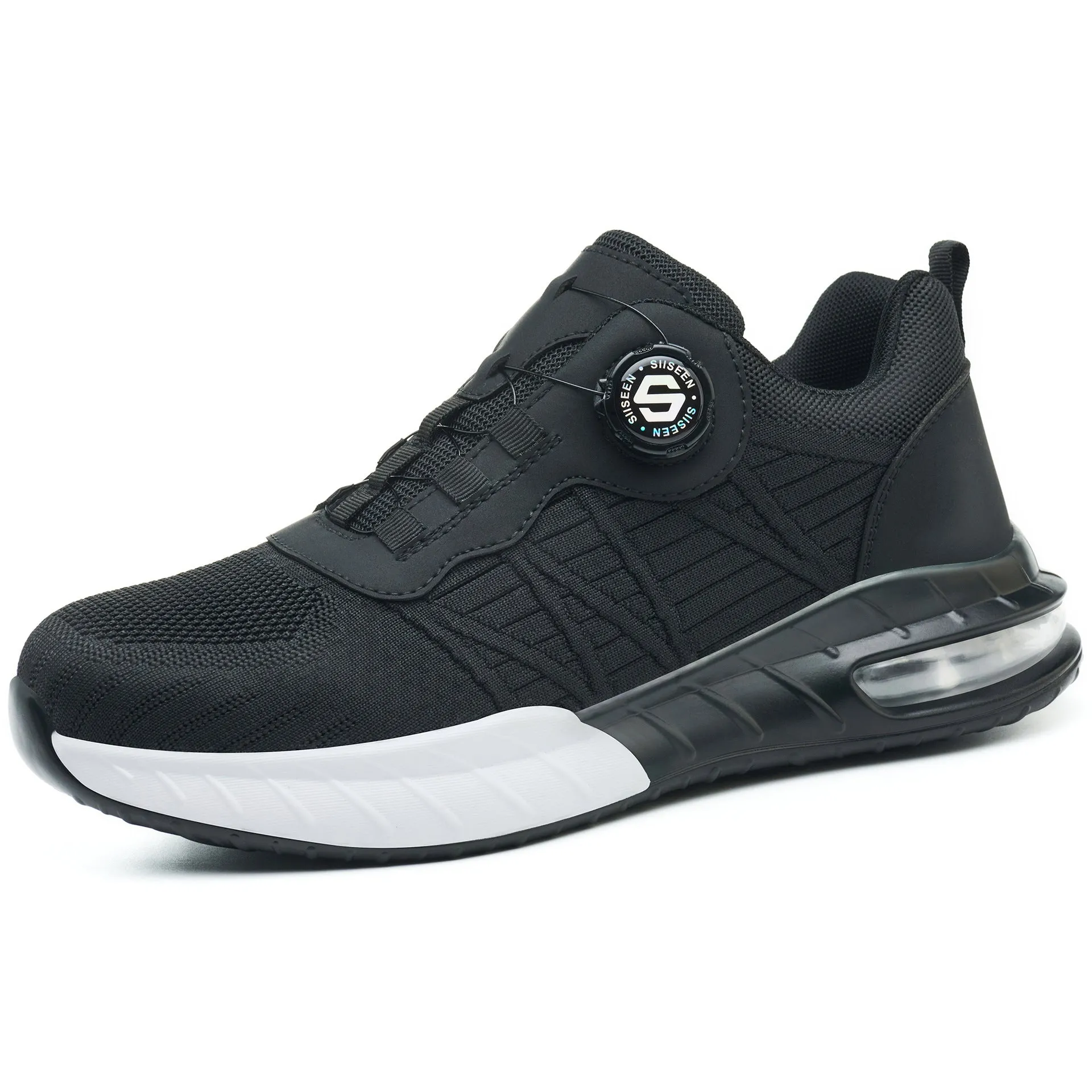 Pair of lightweight black anti-smashing safety work shoes with flying woven upper and rubber sole