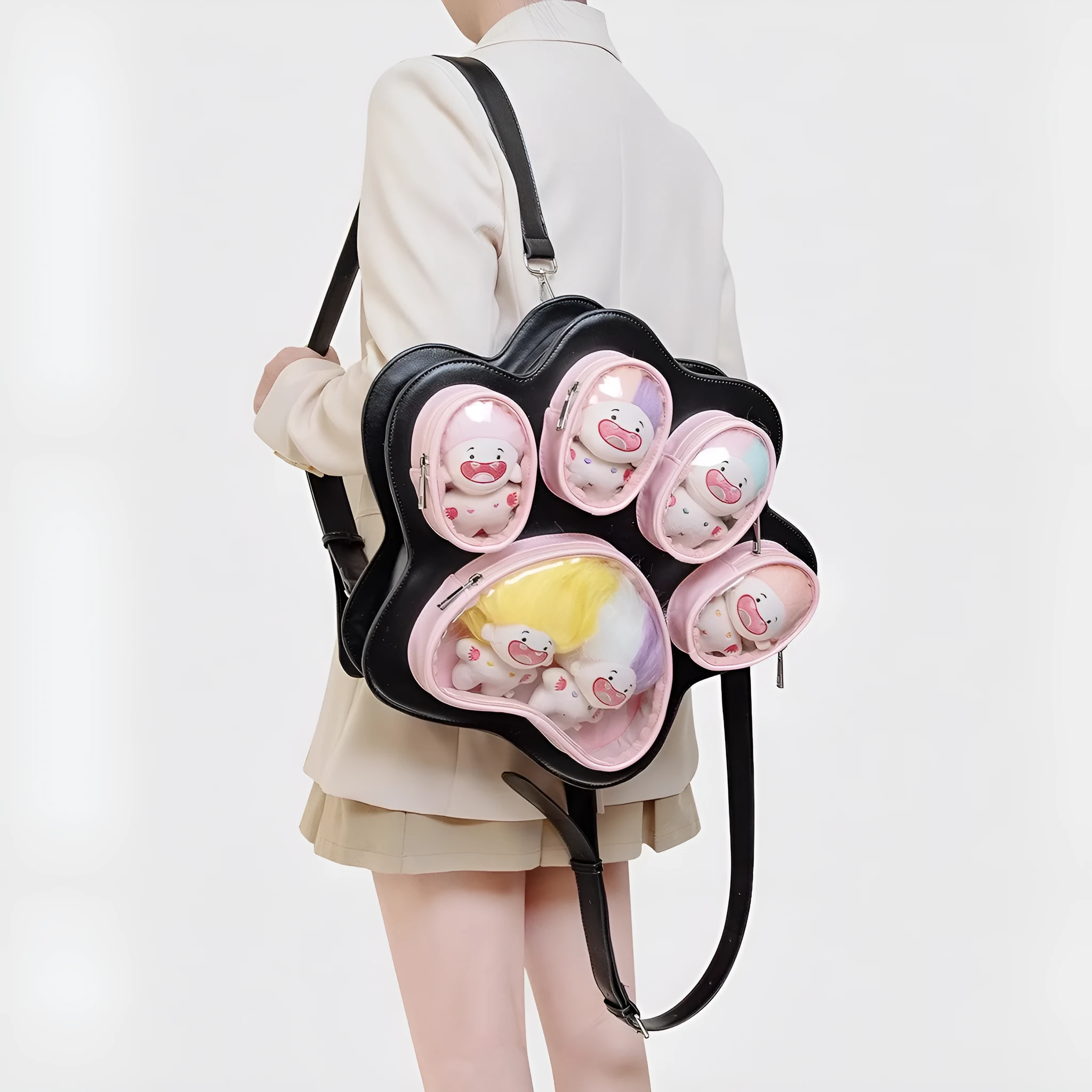 Multi-layer cat paw Japanese ladies' bag in black pink with love stitches and waterproof PU outer