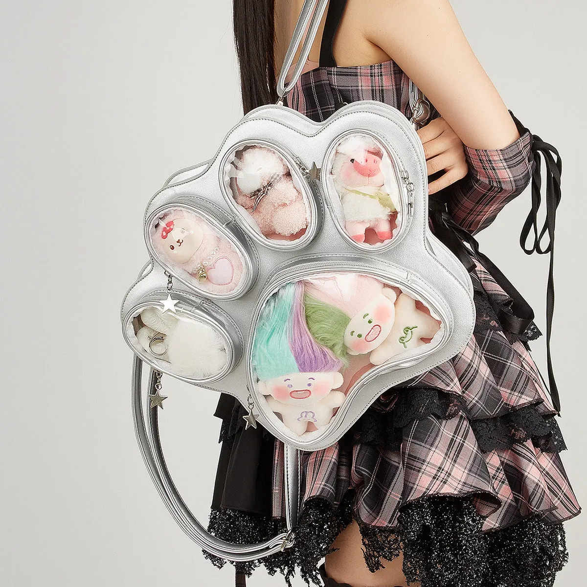 Multi-layer cat paw Japanese ladies' bag in black pink with love stitches and waterproof PU outer