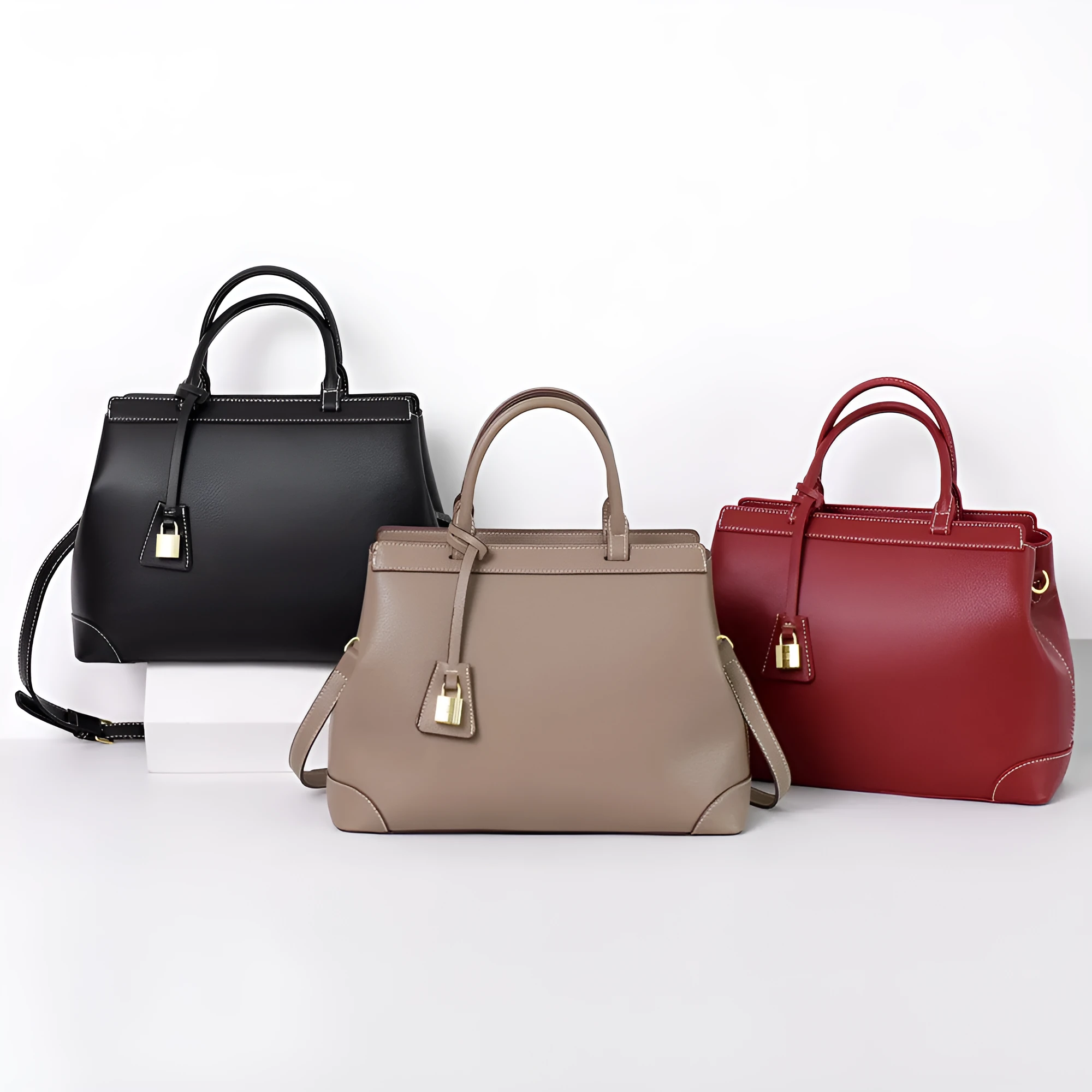 Urban minimalist vertical square PU shoulder bag with stitching detail and internal compartments in black, light beige brown, wine red
