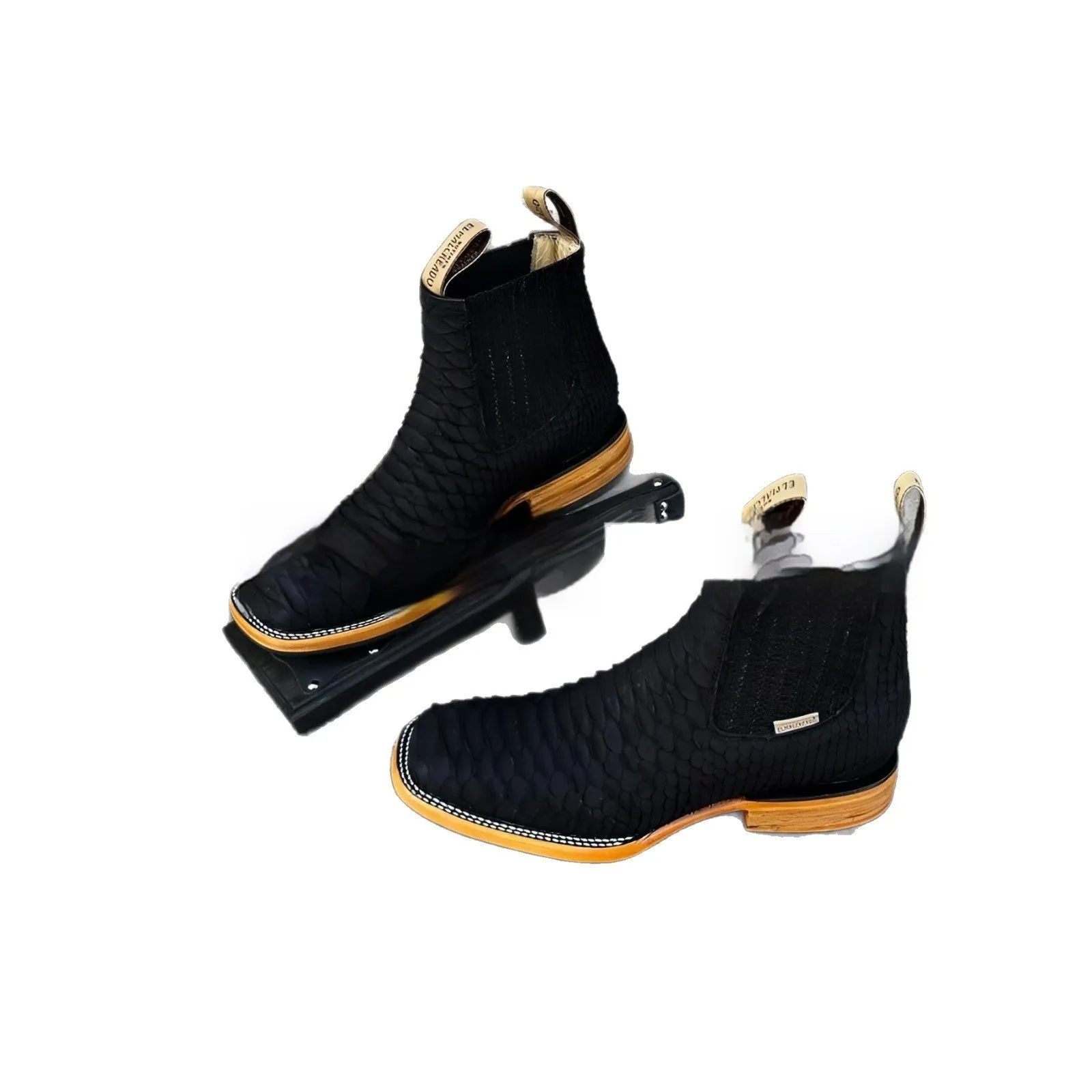 Men's retro ankle boots with striped pattern in black, square toe design, artificial PU upper.