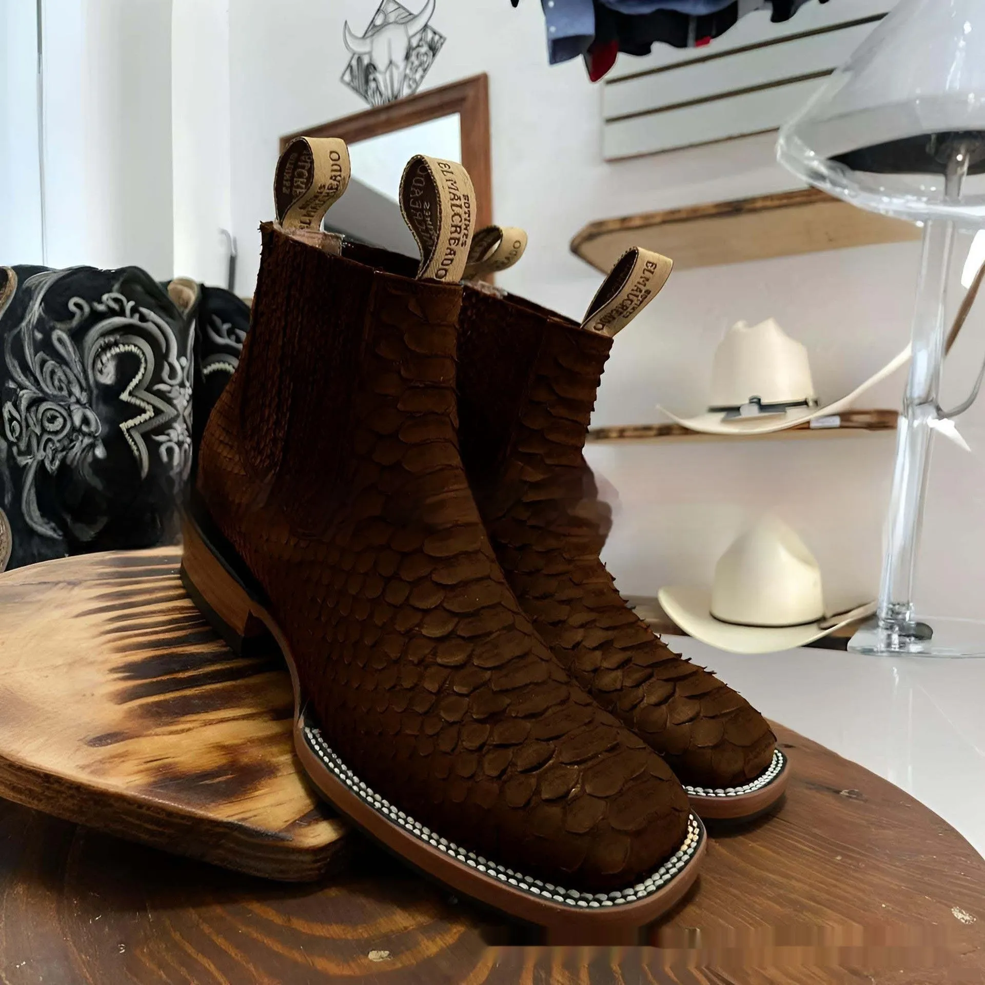 Men's retro ankle boots with striped pattern in black, square toe design, artificial PU upper.