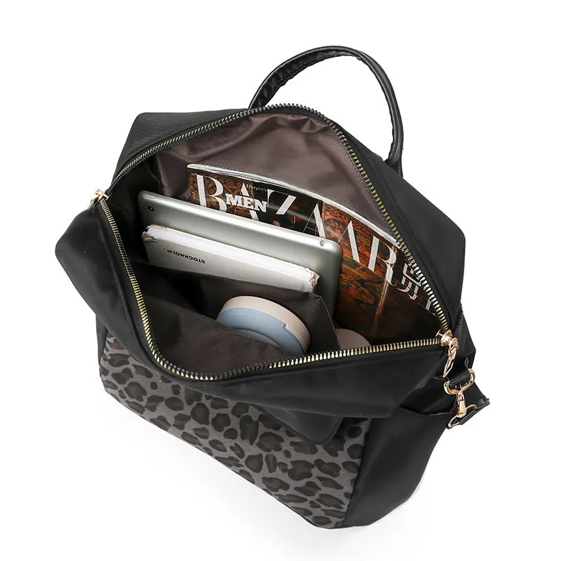 Leopard print women's large capacity nylon backpack in beige with stitching details