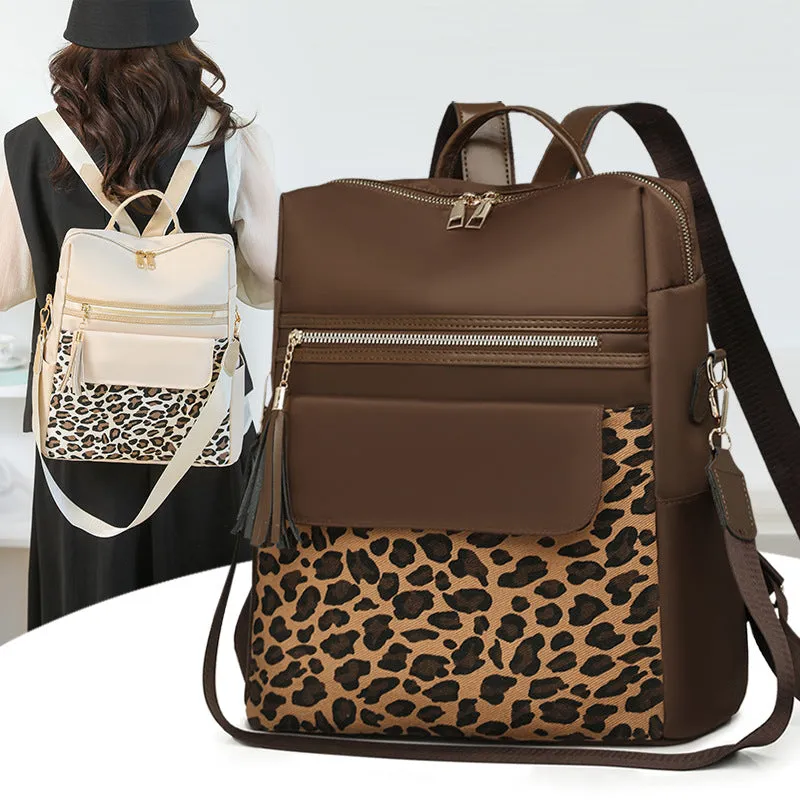 Leopard print women's large capacity nylon backpack in beige with stitching details