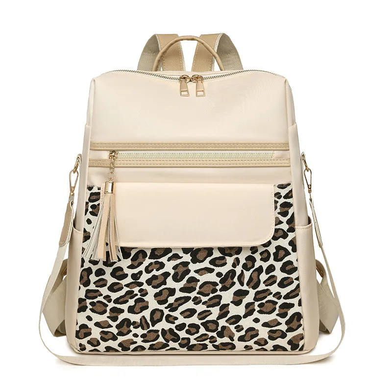 Leopard print women's large capacity nylon backpack in beige with stitching details