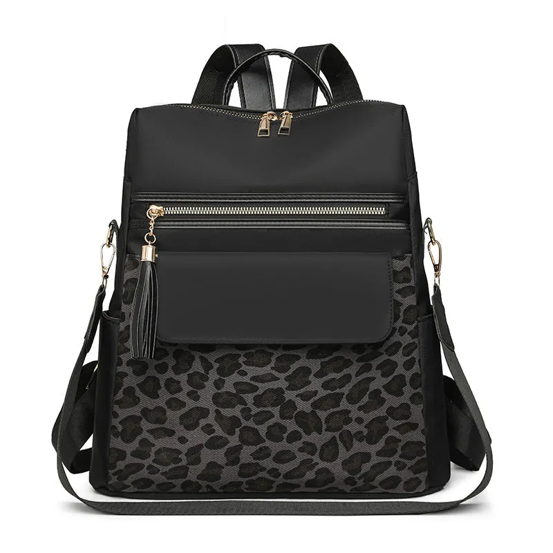Leopard print women's large capacity nylon backpack in beige with stitching details
