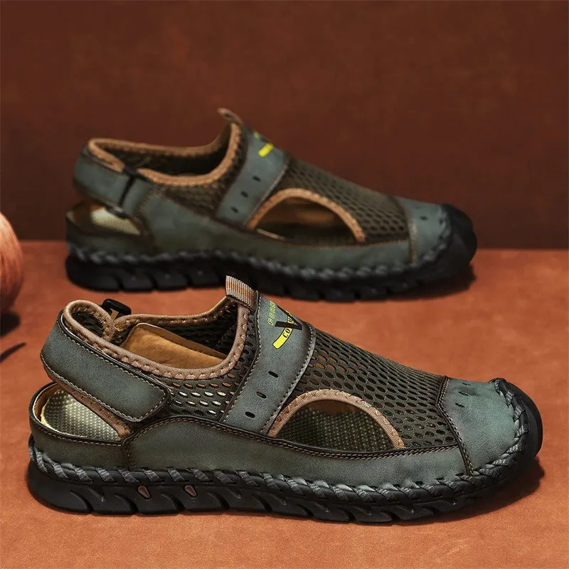 Men's brown leather low-top pumps with mesh hollow panels and elastic band design