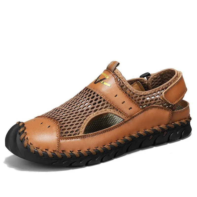 Men's brown leather low-top pumps with mesh hollow panels and elastic band design