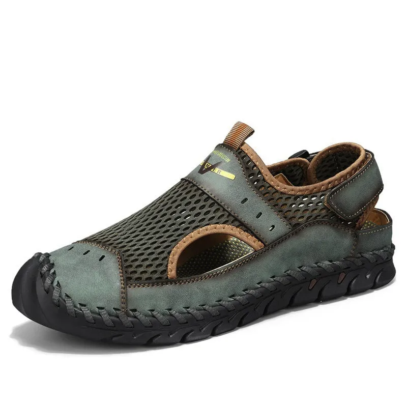 Men's brown leather low-top pumps with mesh hollow panels and elastic band design