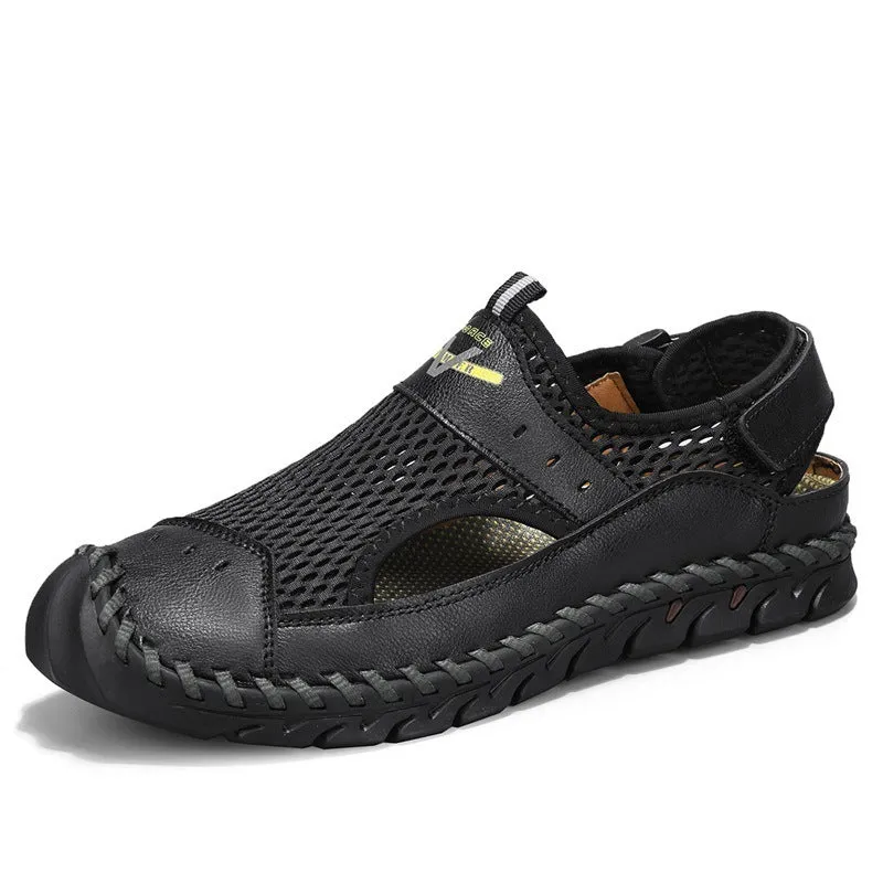 Men's brown leather low-top pumps with mesh hollow panels and elastic band design