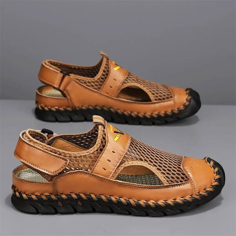 Men's brown leather low-top pumps with mesh hollow panels and elastic band design