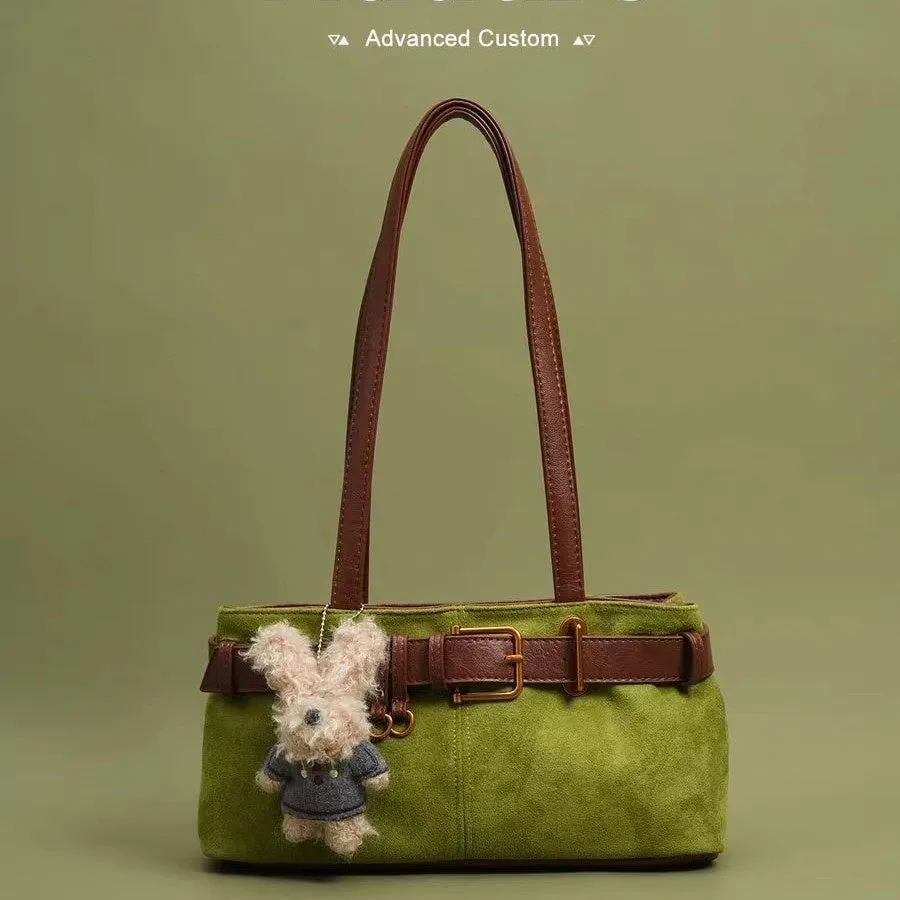 Retro cotton single shoulder tote bag in green with stitching and colour blocking, horizontal square shape, double straps