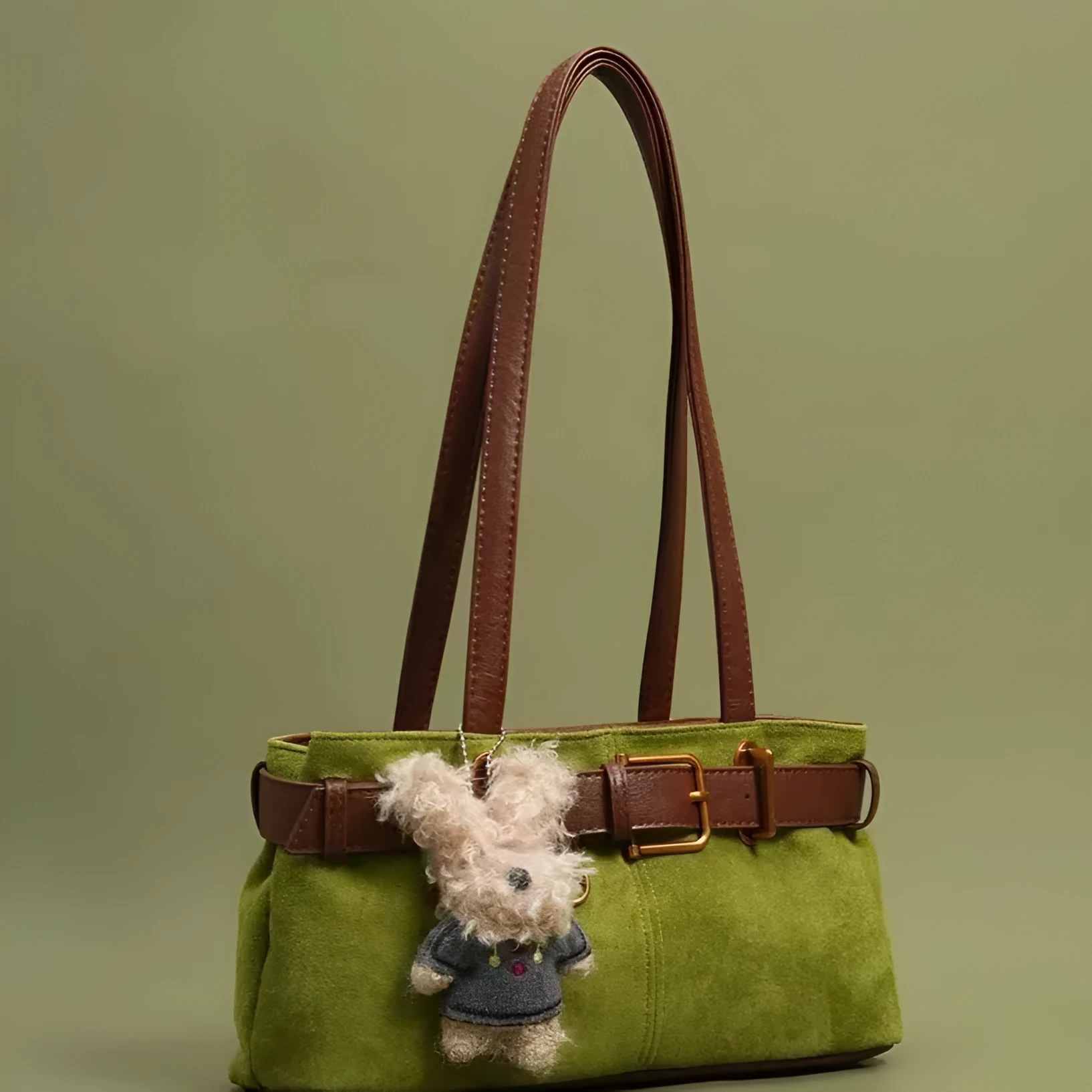 Retro cotton single shoulder tote bag in green with stitching and colour blocking, horizontal square shape, double straps